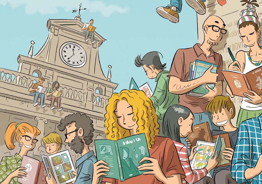 Viñeta de gente leyendo cómics
